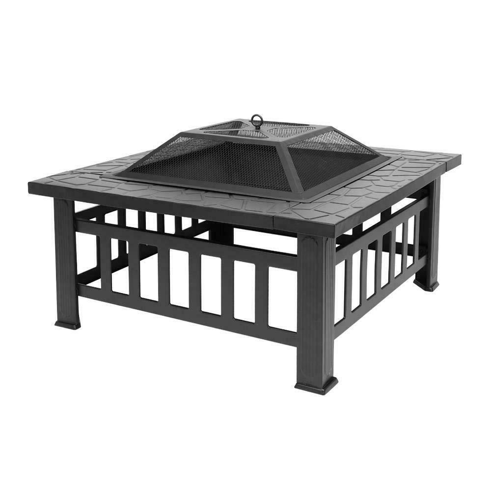 32" Square Metal Wood Burning Fire Pit with Poker & Mesh Cover C714