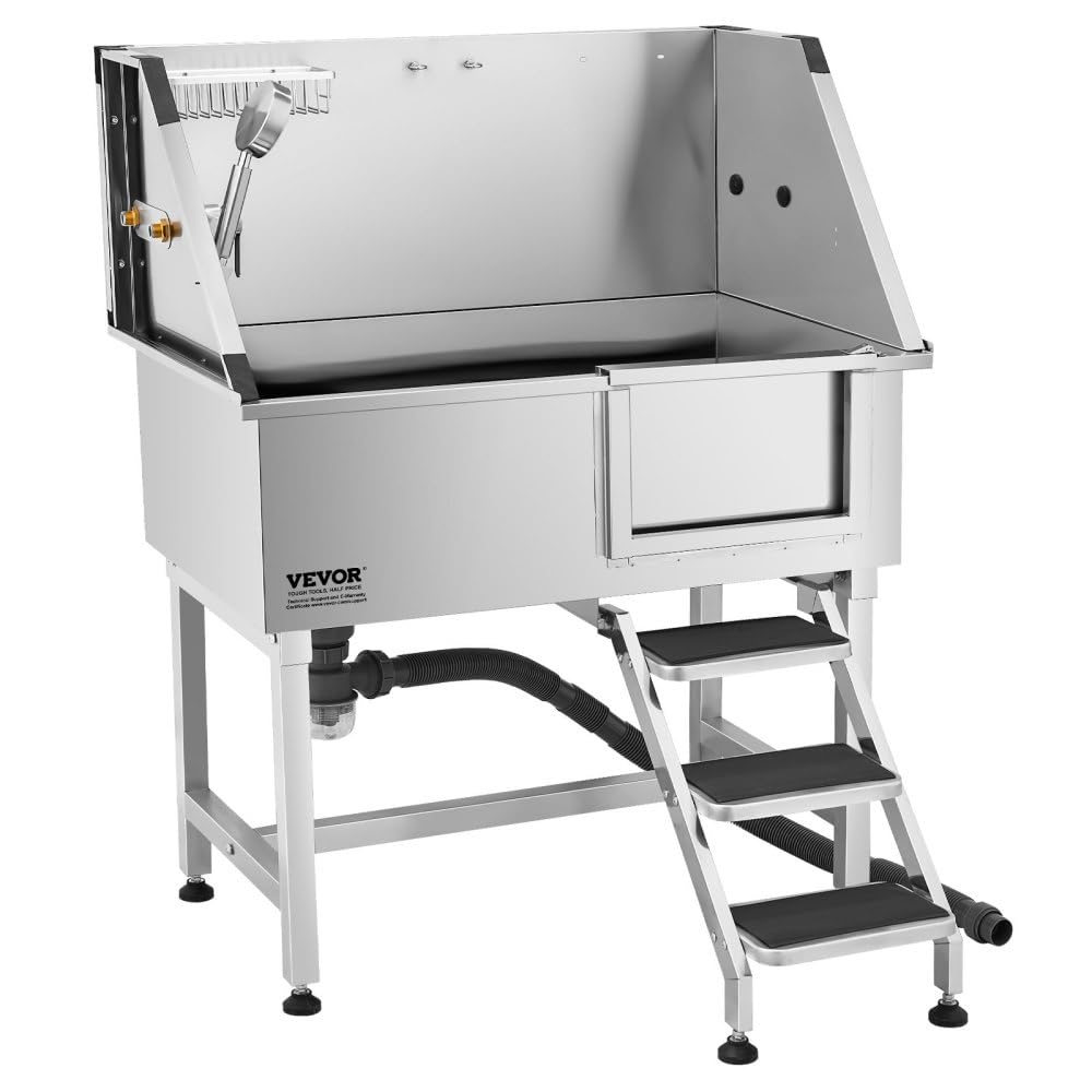 38 Inch Stainless Steel Dog Grooming Tub with Showerhead, Faucet, Bath Mat and Stairs A2554