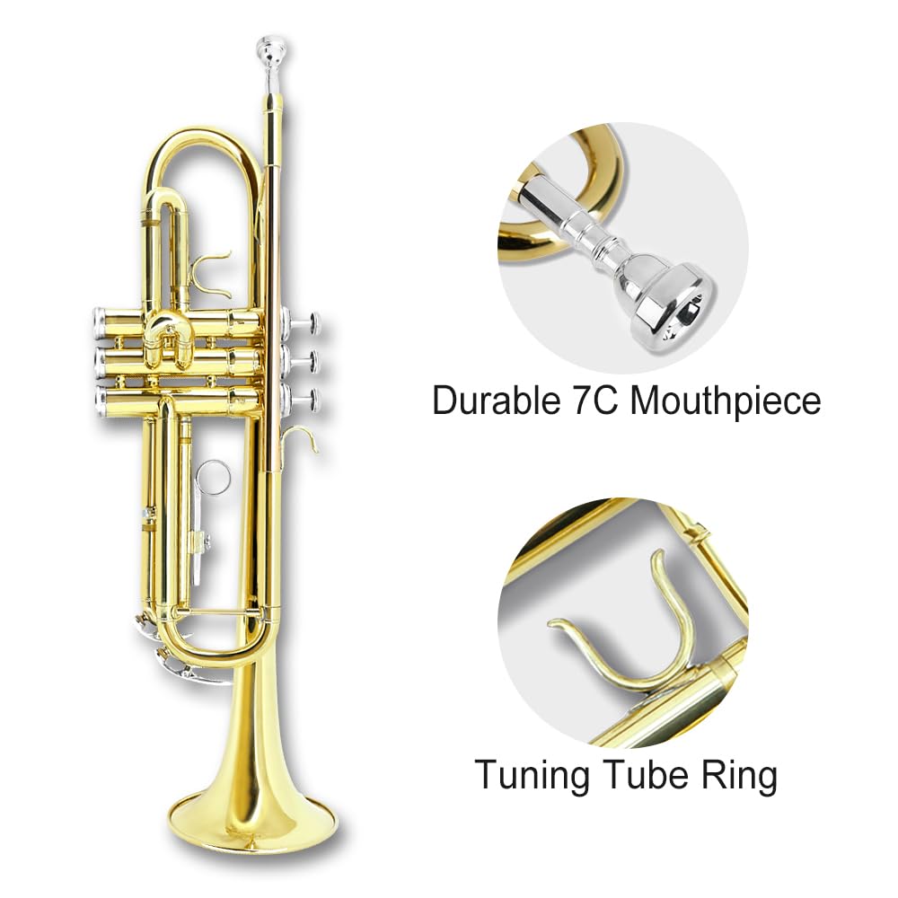 Standard Trumpet Set with Carrying Hard Case, 7C Mouthpiece, Cleaning Cloth and Gloves M472
