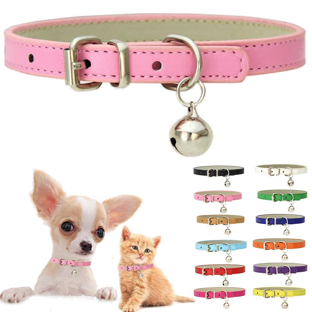 Pink Leather Cat Collar with Bell U6369