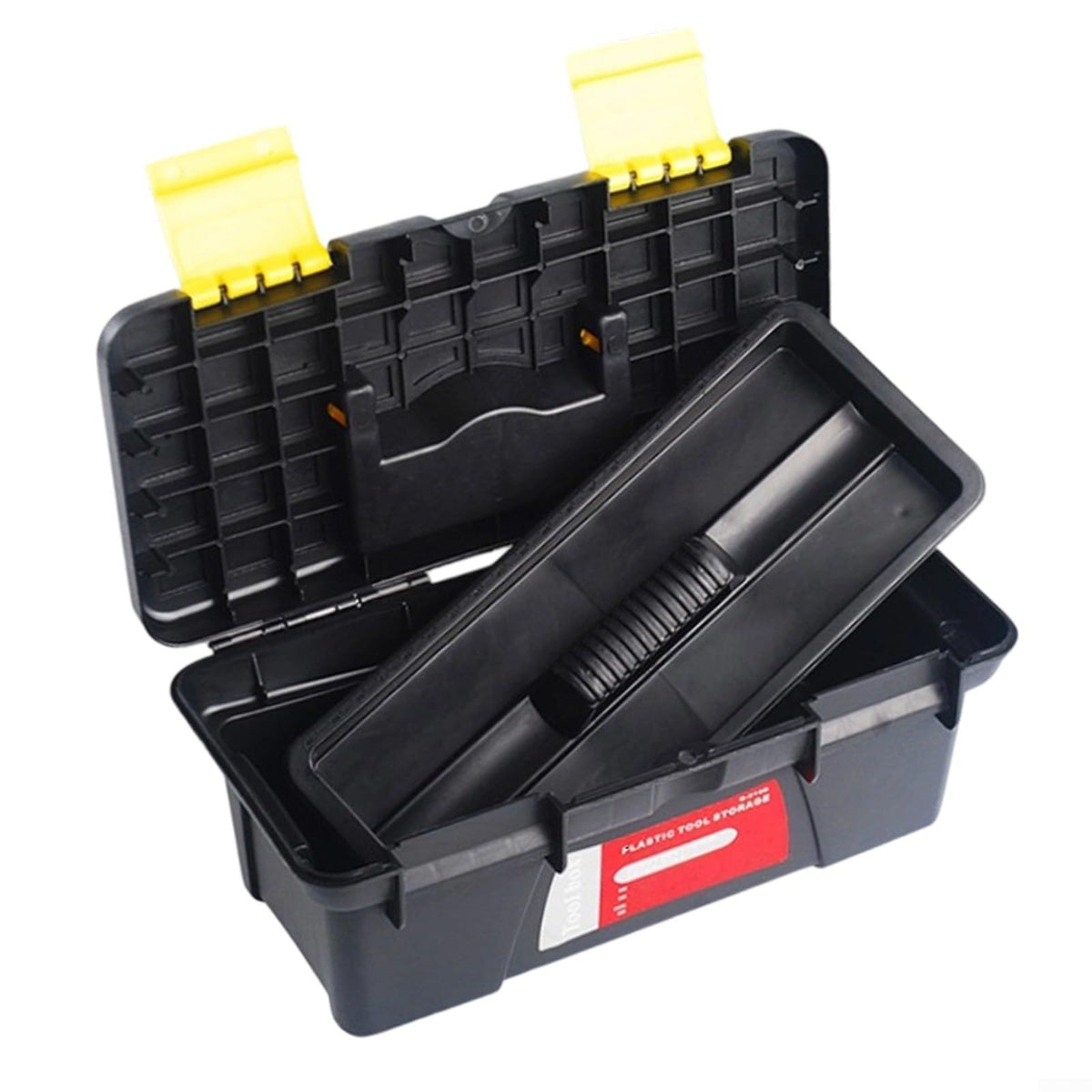 10 Inch Plastic Toolbox with Dual Layer Organization and Secure Latch, Black M68262