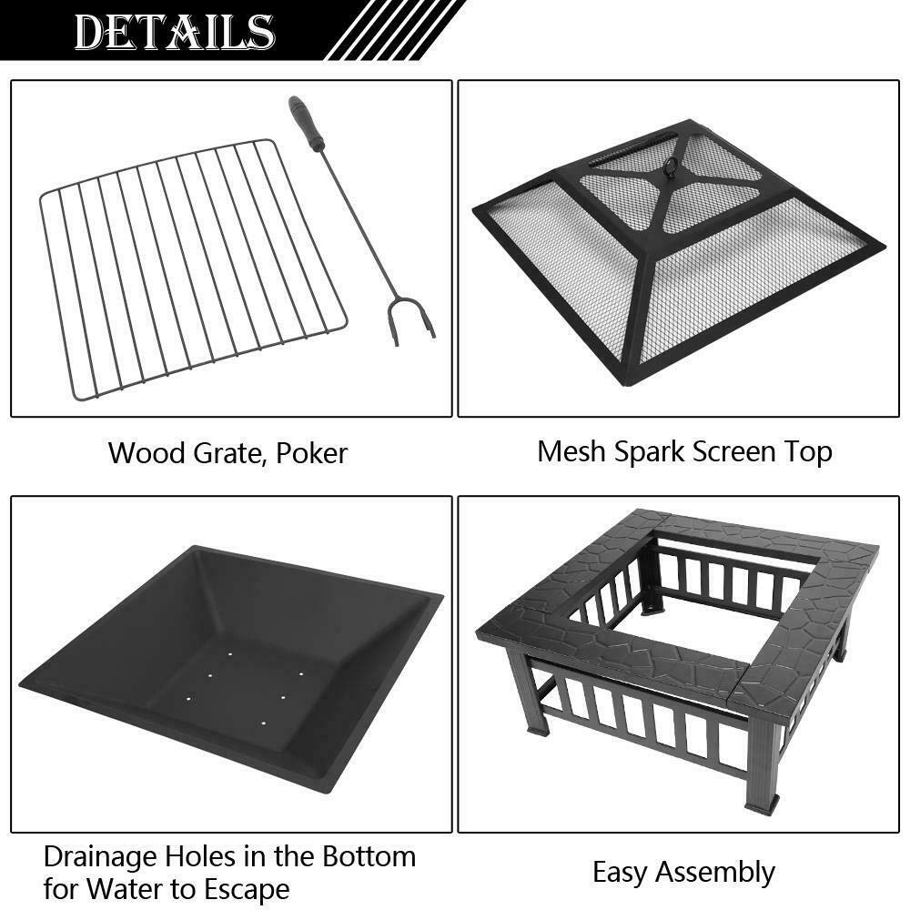 32" Square Metal Wood Burning Fire Pit with Poker & Mesh Cover C714