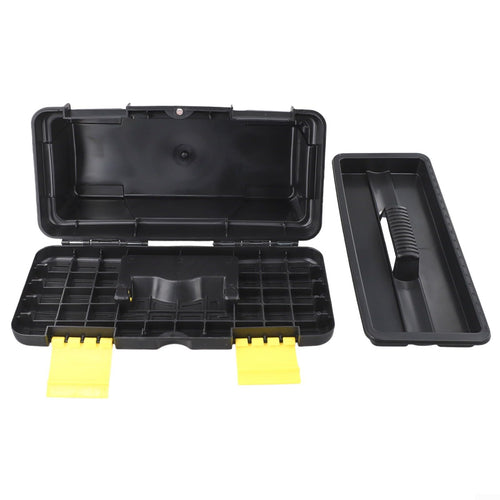 10 Inch Plastic Toolbox with Dual Layer Organization and Secure Latch, Black M68262