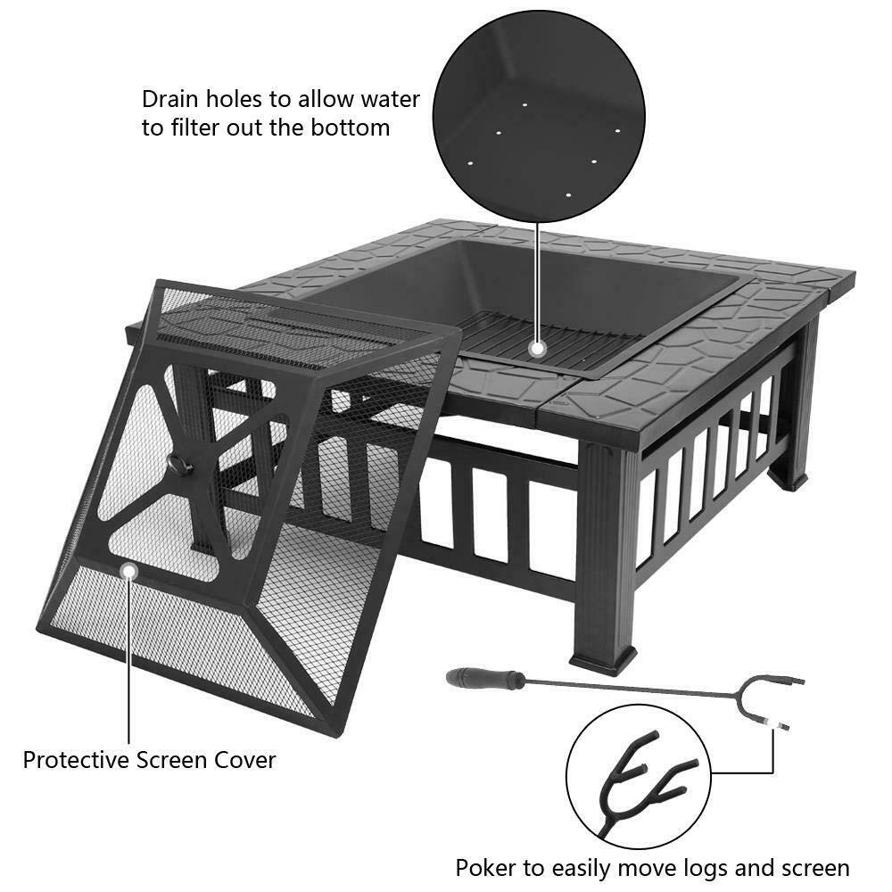32" Square Metal Wood Burning Fire Pit with Poker & Mesh Cover C714