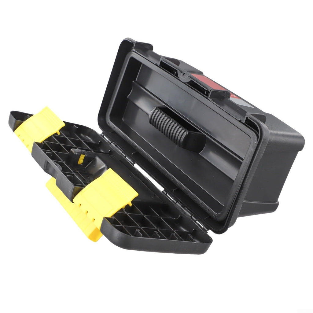 10 Inch Plastic Toolbox with Dual Layer Organization and Secure Latch, Black M68262