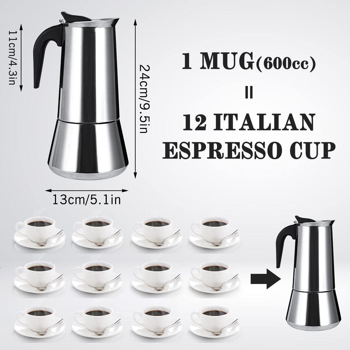 Stainless Steel Stovetop Moka Pot Espresso Maker 12 Cup 600ml N849