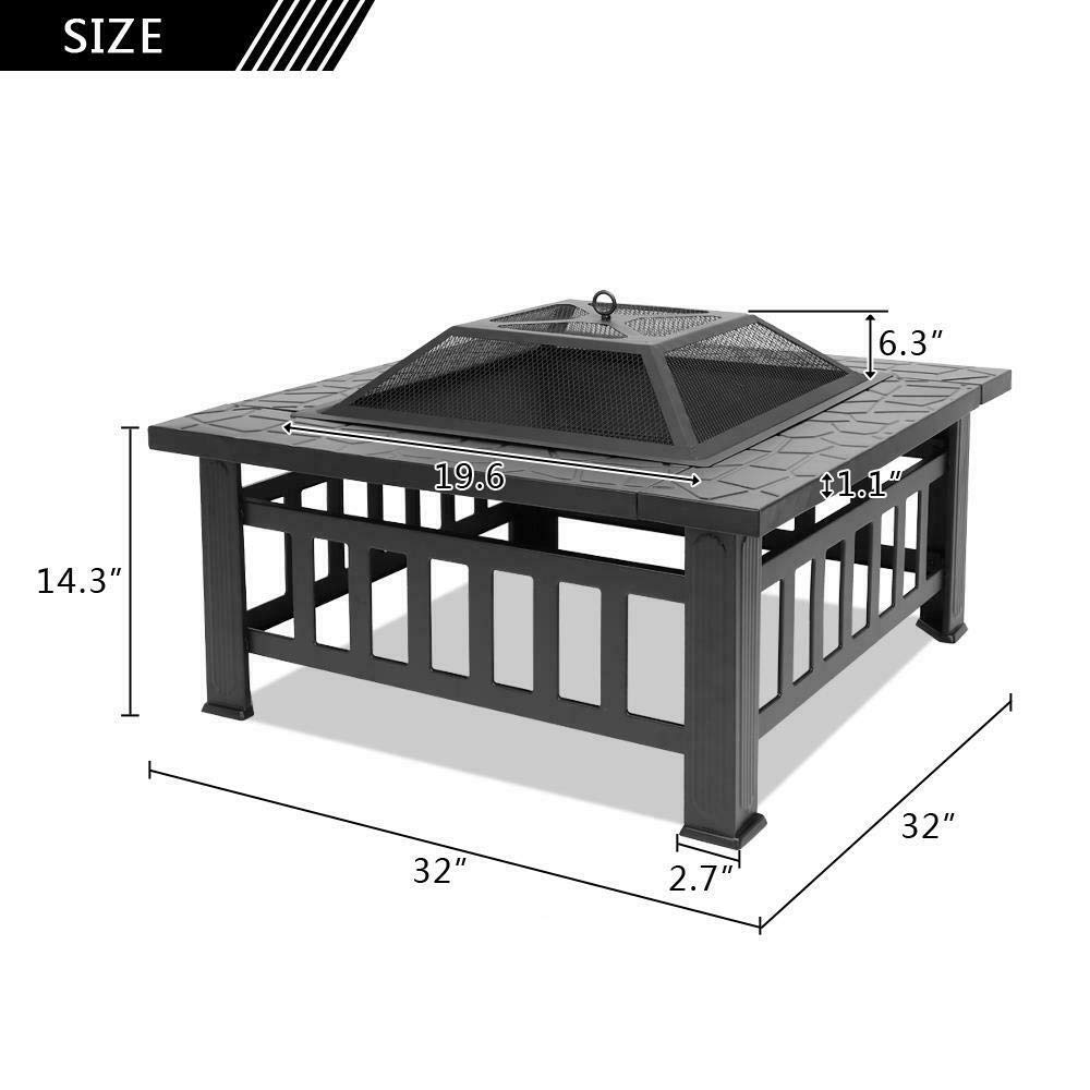 32" Square Metal Wood Burning Fire Pit with Poker & Mesh Cover C714