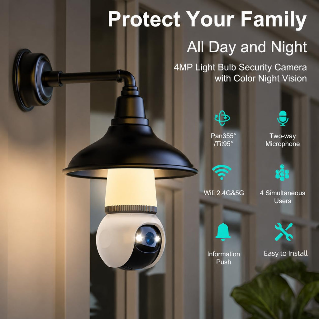Light Bulb Security Camera 2K Color Night Vision Motion Detection Siren Alarm Two-Way Audio I436
