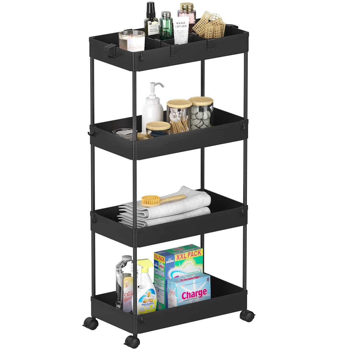 4 Tier Rolling Cart with Wheels and 3 Hanging Baskets L17920
