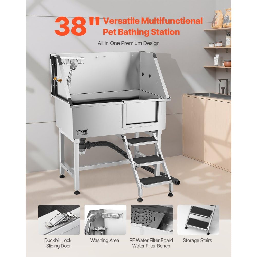 38 Inch Stainless Steel Dog Grooming Tub with Showerhead, Faucet, Bath Mat and Stairs A2554