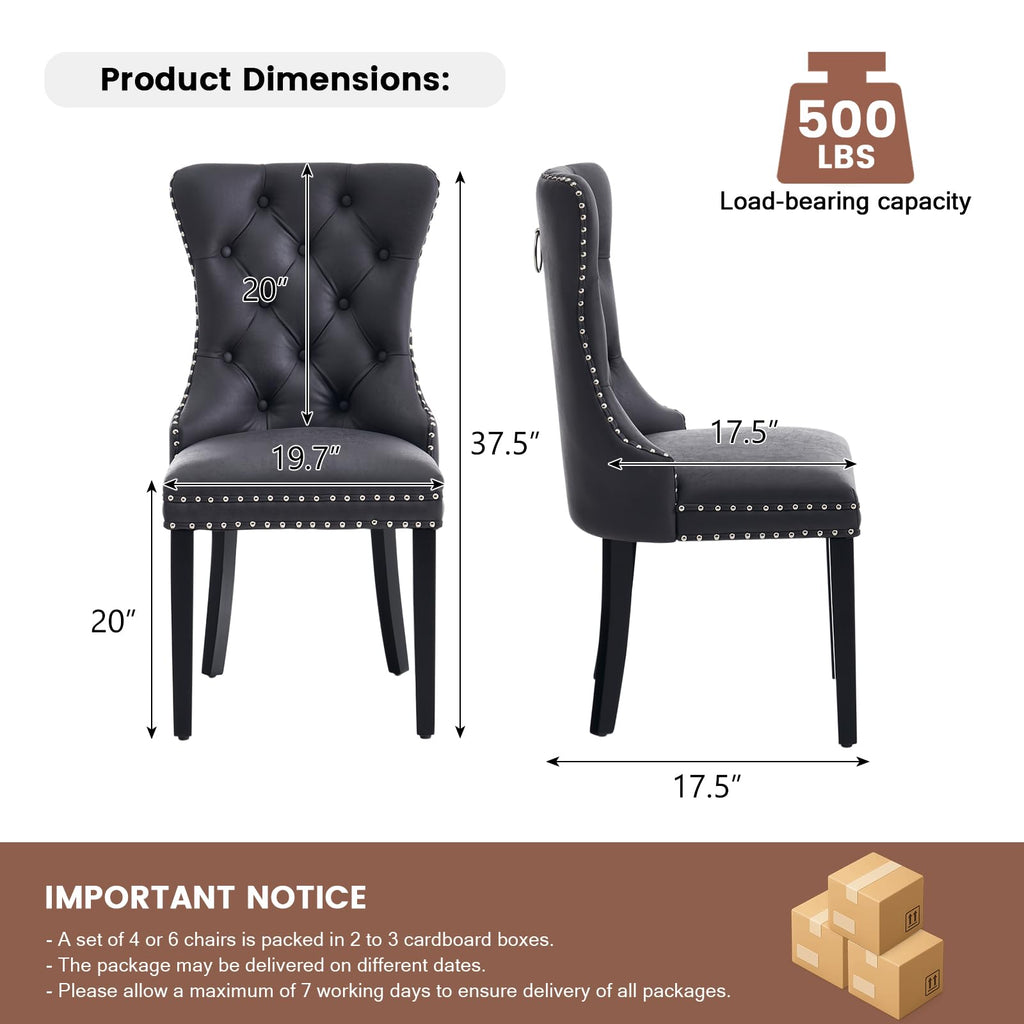Black PU Leather Dining Chairs Set of 6 with Nailhead Trim and Solid Wood Legs J115