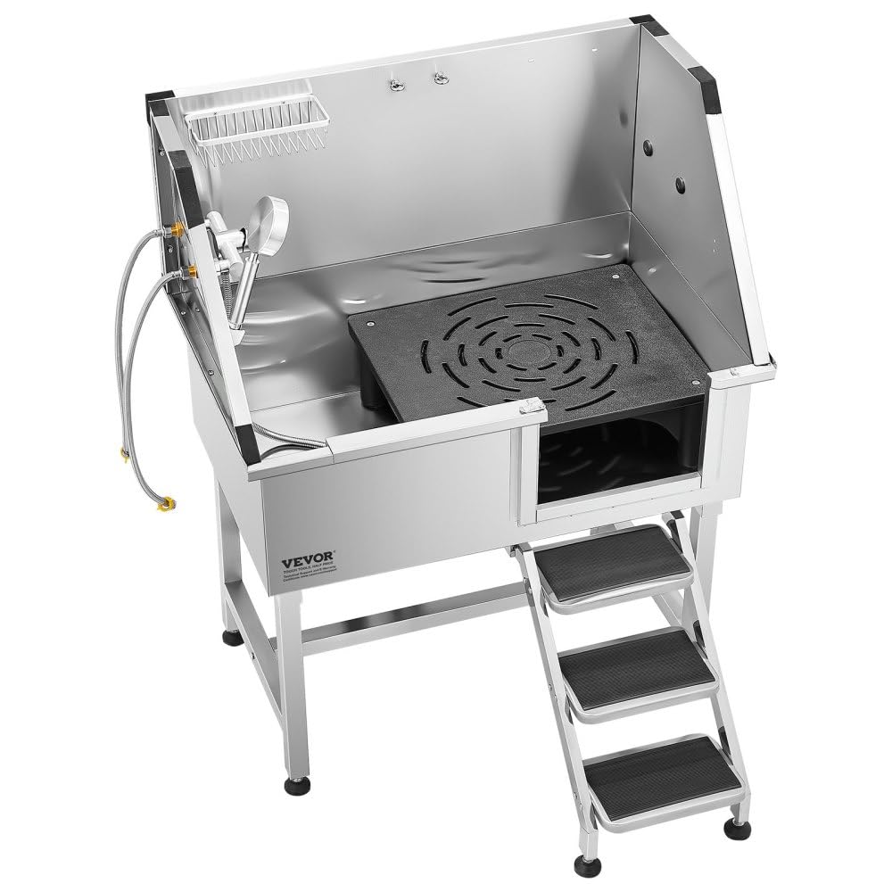 38 Inch Stainless Steel Dog Grooming Tub with Showerhead, Faucet, Bath Mat and Stairs A2554
