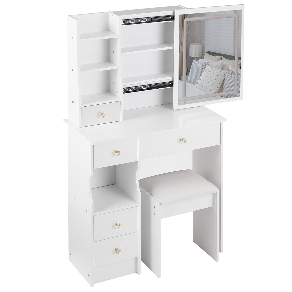 White Vanity Desk with Lighted Mirror and Stool D1915