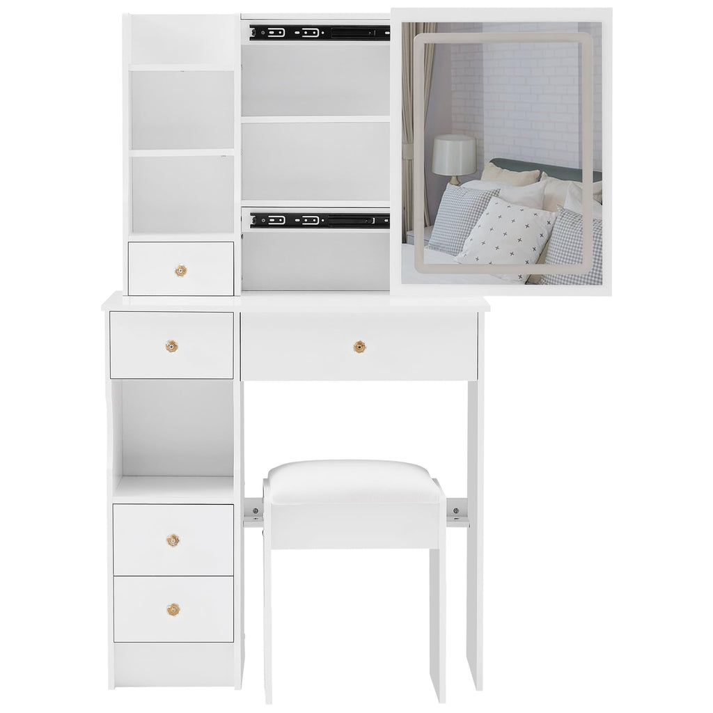 White Vanity Desk with Lighted Mirror and Stool D1915