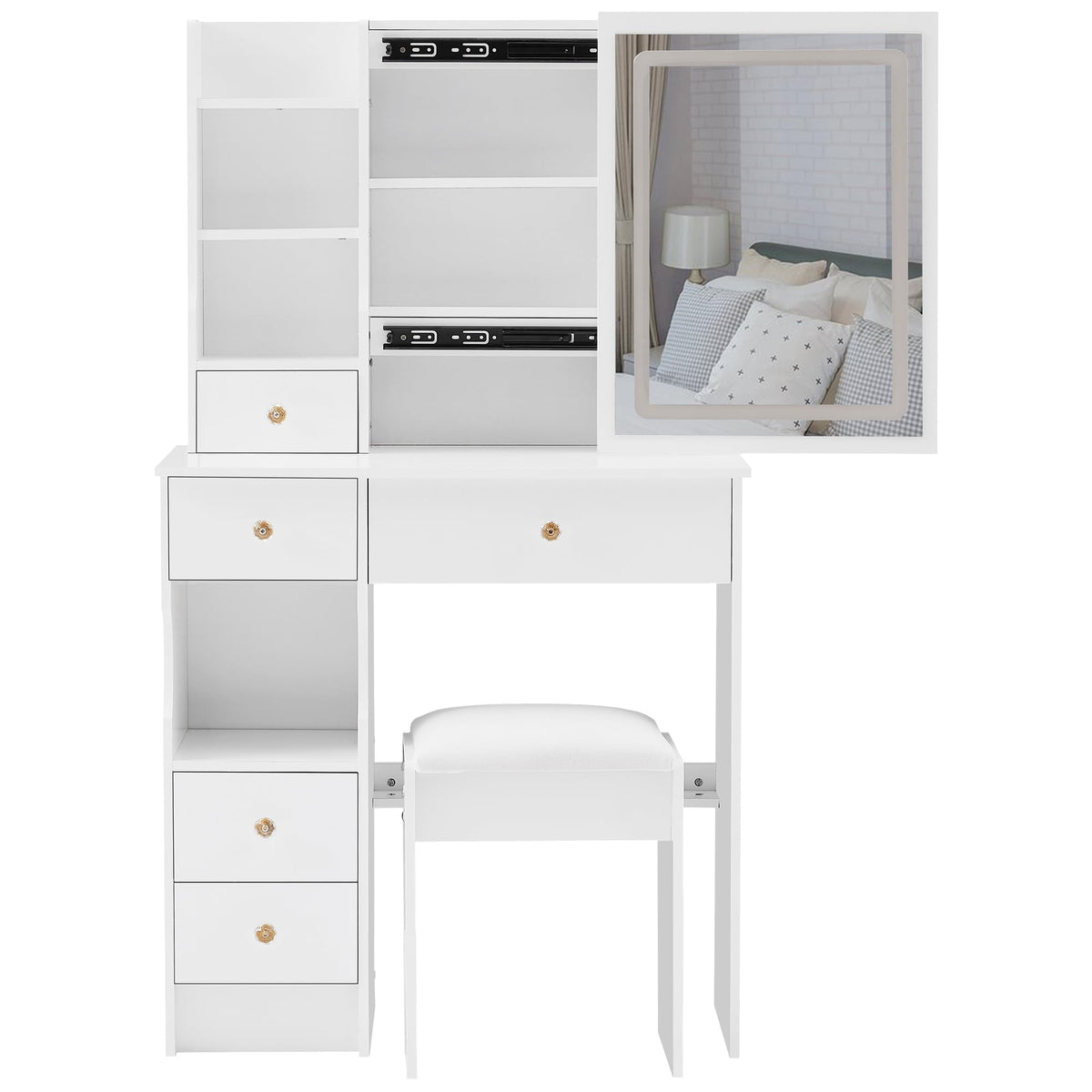 White Vanity Desk with Lighted Mirror and Stool D1915