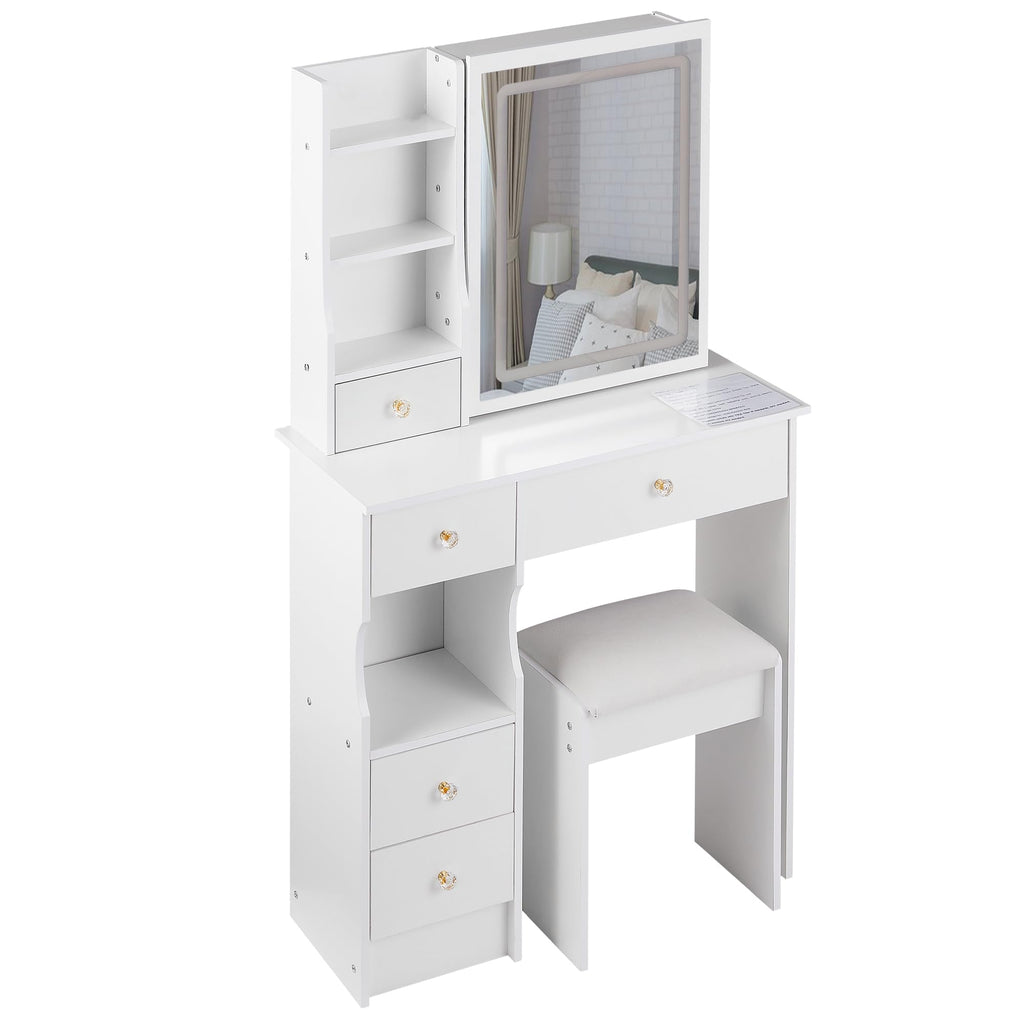 White Vanity Desk with Lighted Mirror and Stool D1915