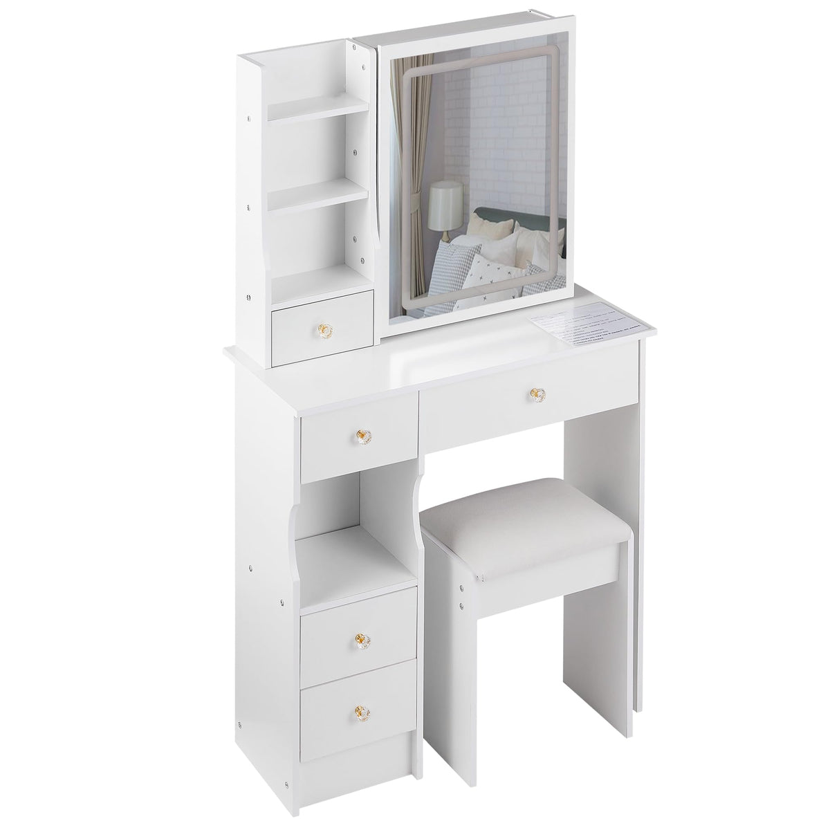 White Vanity Desk with Lighted Mirror and Stool D1915