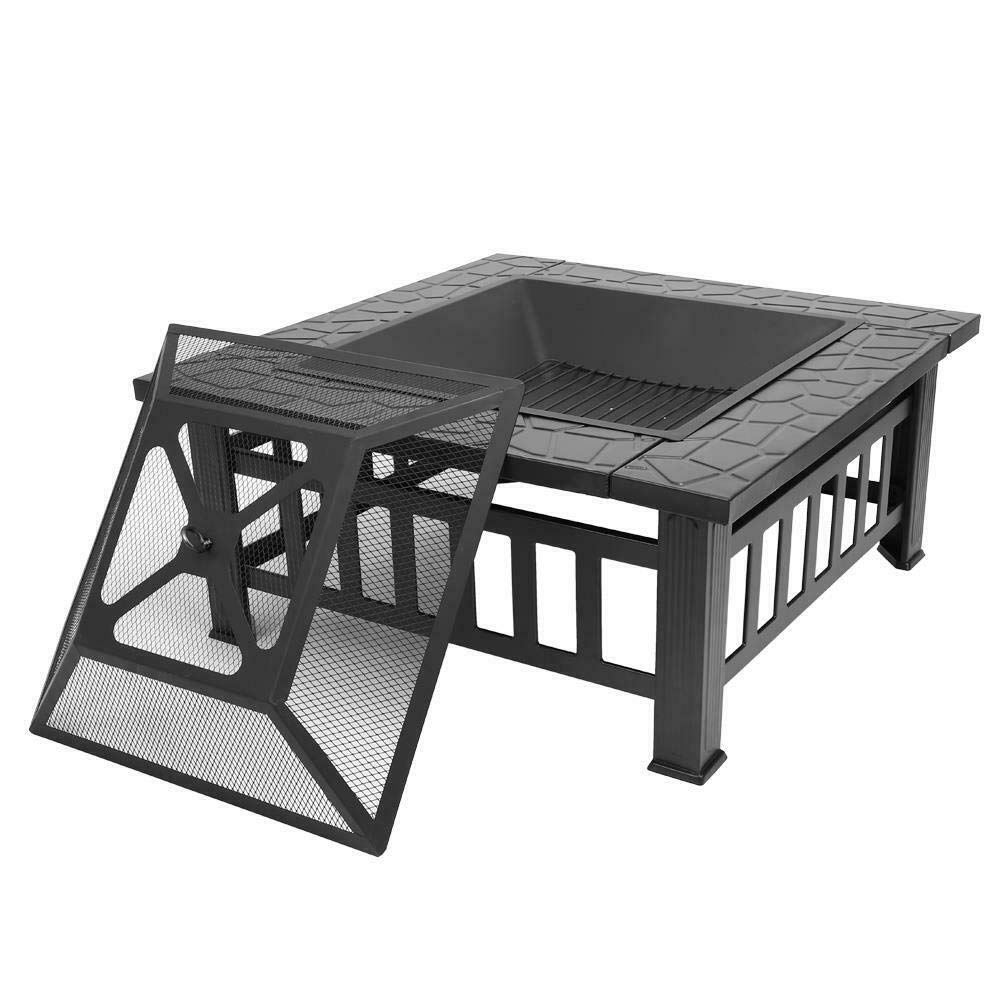 32" Square Metal Wood Burning Fire Pit with Poker & Mesh Cover C714