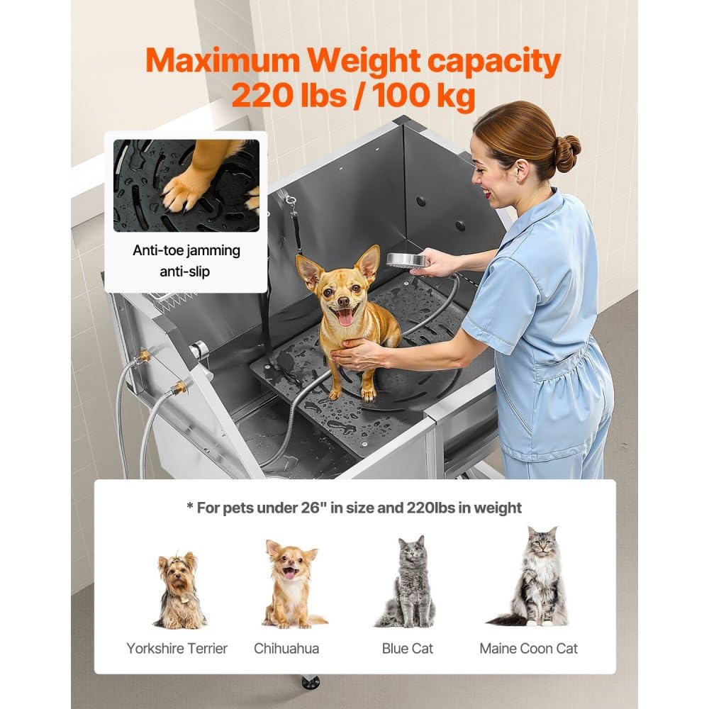 38 Inch Stainless Steel Dog Grooming Tub with Showerhead, Faucet, Bath Mat and Stairs A2554