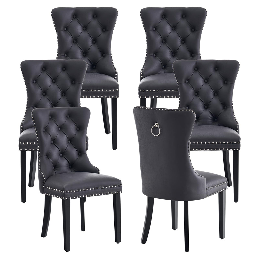 Black PU Leather Dining Chairs Set of 6 with Nailhead Trim and Solid Wood Legs J115