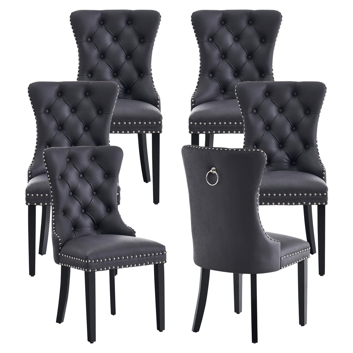 Black PU Leather Dining Chairs Set of 6 with Nailhead Trim and Solid Wood Legs J115