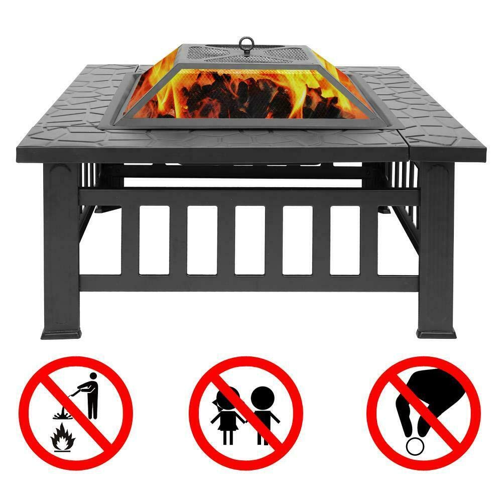 32" Square Metal Wood Burning Fire Pit with Poker & Mesh Cover C714