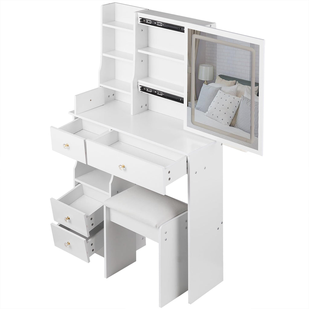 White Vanity Desk with Lighted Mirror and Stool D1915