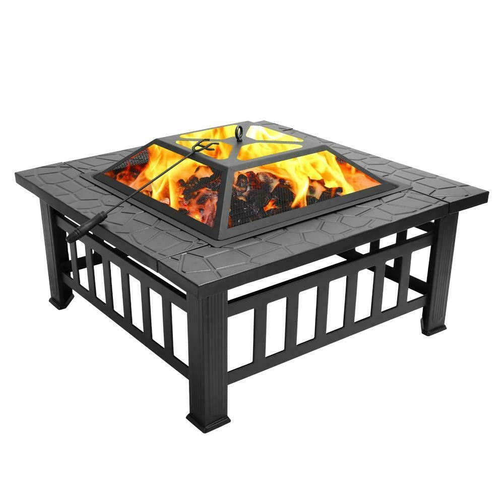 32" Square Metal Wood Burning Fire Pit with Poker & Mesh Cover C714