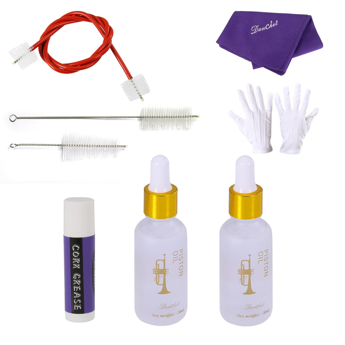 Trumpet Cleaning and Maintenance Kit with Valve Oil, Cork Grease, Cleaning Cloth, Mouthpiece, Cleaning Brush, Gloves J5153