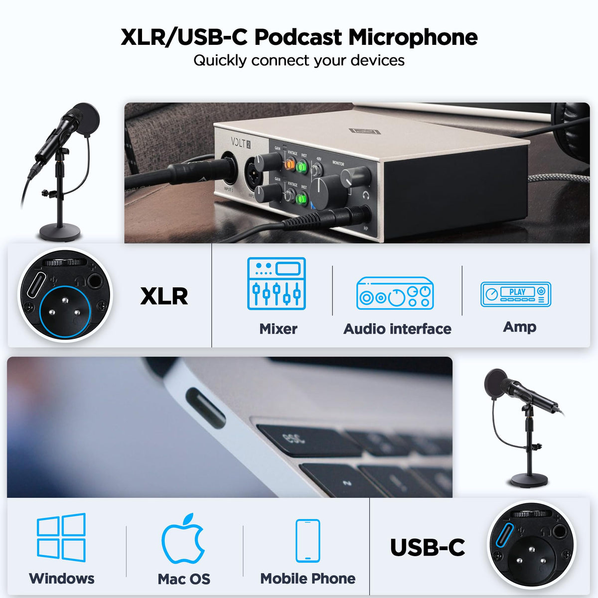 USB Dynamic Microphone with Desktop Stand, Pop Filter, Headphone Jack A219774