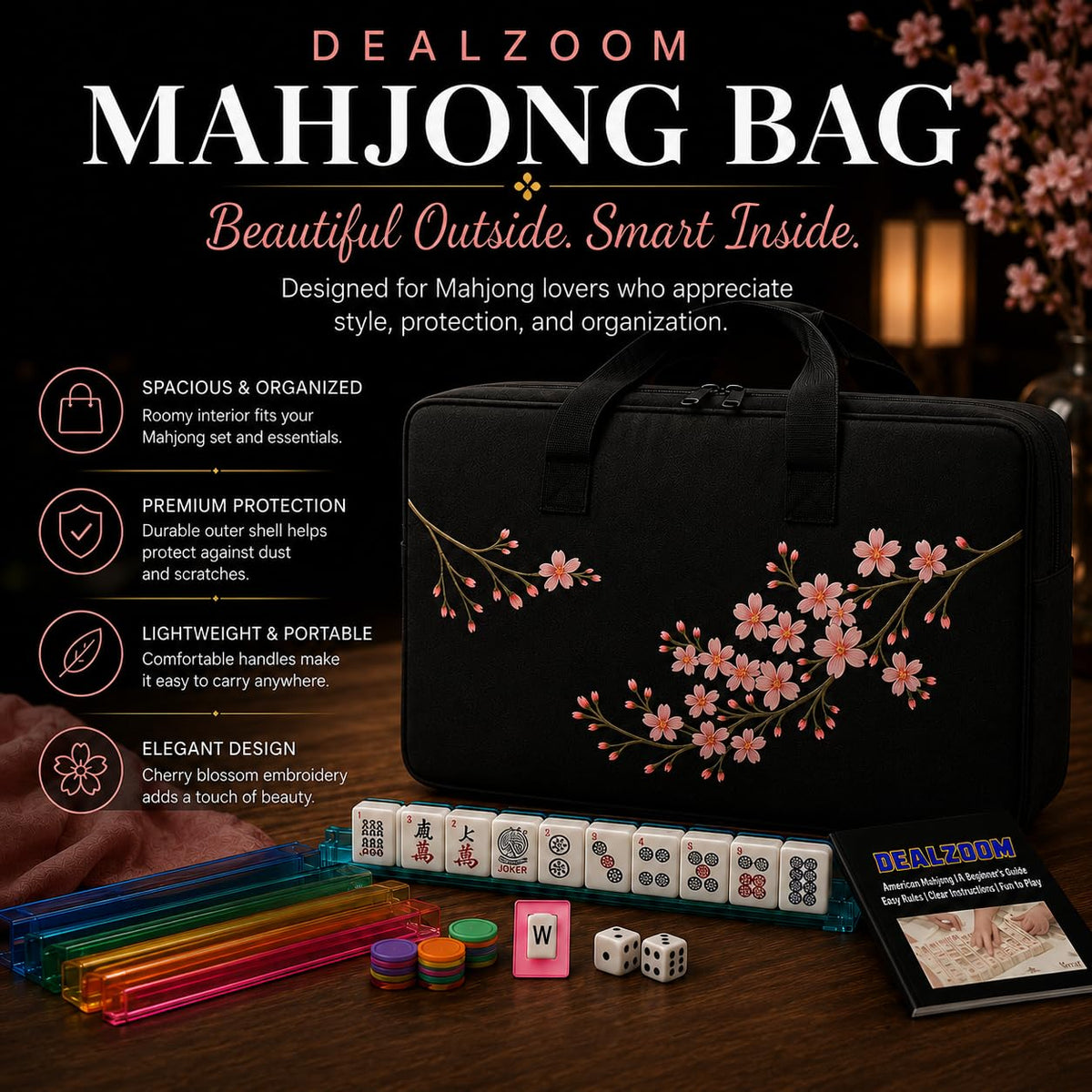 Complete American Mahjong Set with 166 Tiles, Racks, Pushers, Dice, Chips, Instructions & Bag L7324