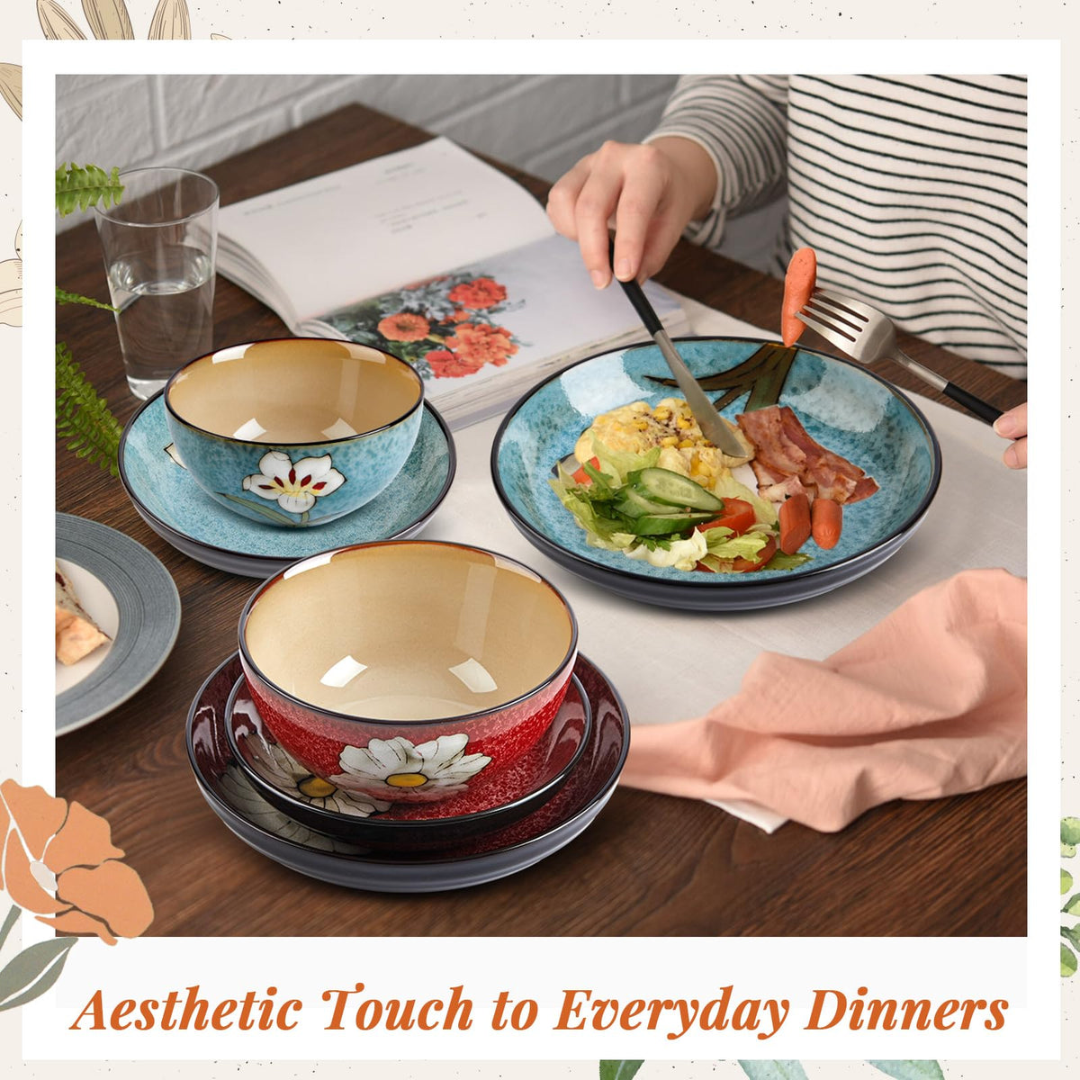 12 Pcs Floral Ceramic Dinnerware Set for 4 O226072
