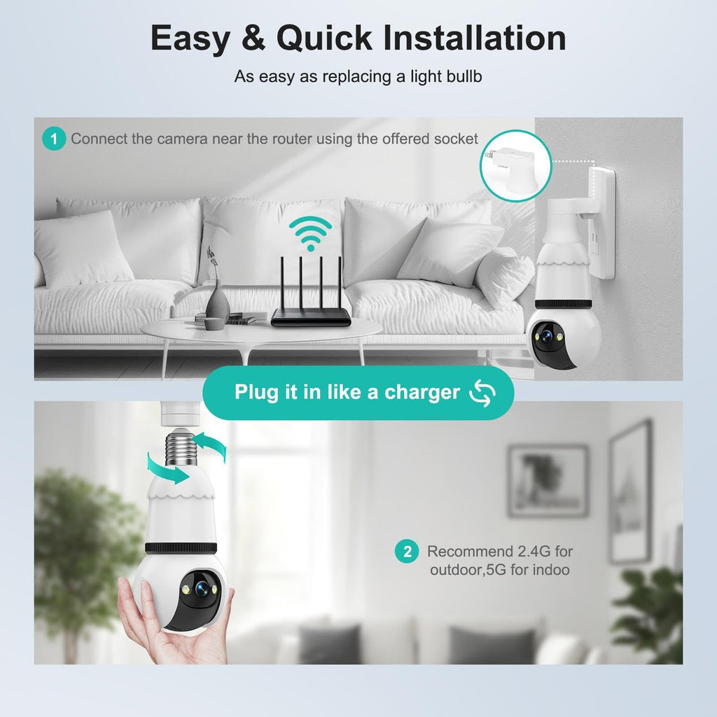 Light Bulb Security Camera 2K Color Night Vision Motion Detection Siren Alarm Two-Way Audio I436