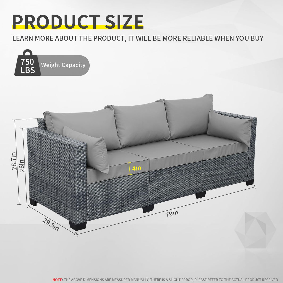 Light Grey Wicker 3-seat Outdoor Sofa with Cushions M150118