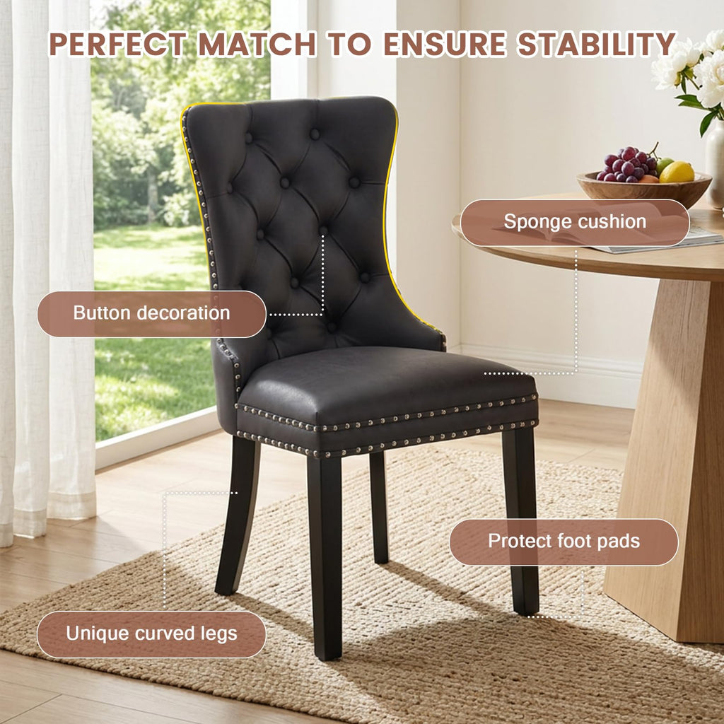 Black PU Leather Dining Chairs Set of 6 with Nailhead Trim and Solid Wood Legs J115