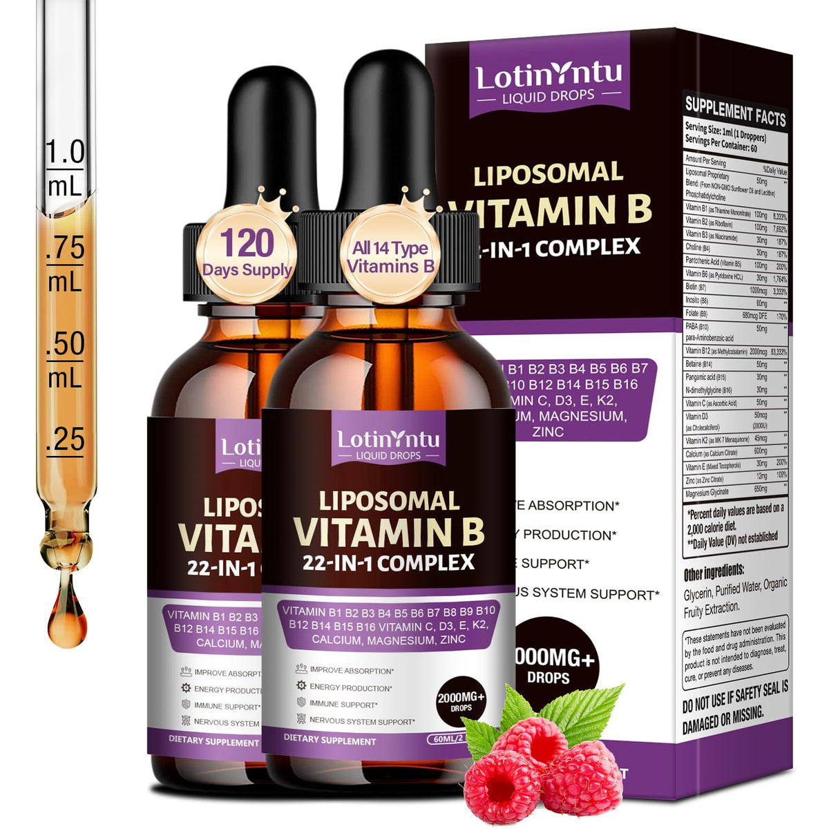 2 Pack 22-in-1 Vitamin B Complex 2000MG Sublingual Liquid Drops M485333