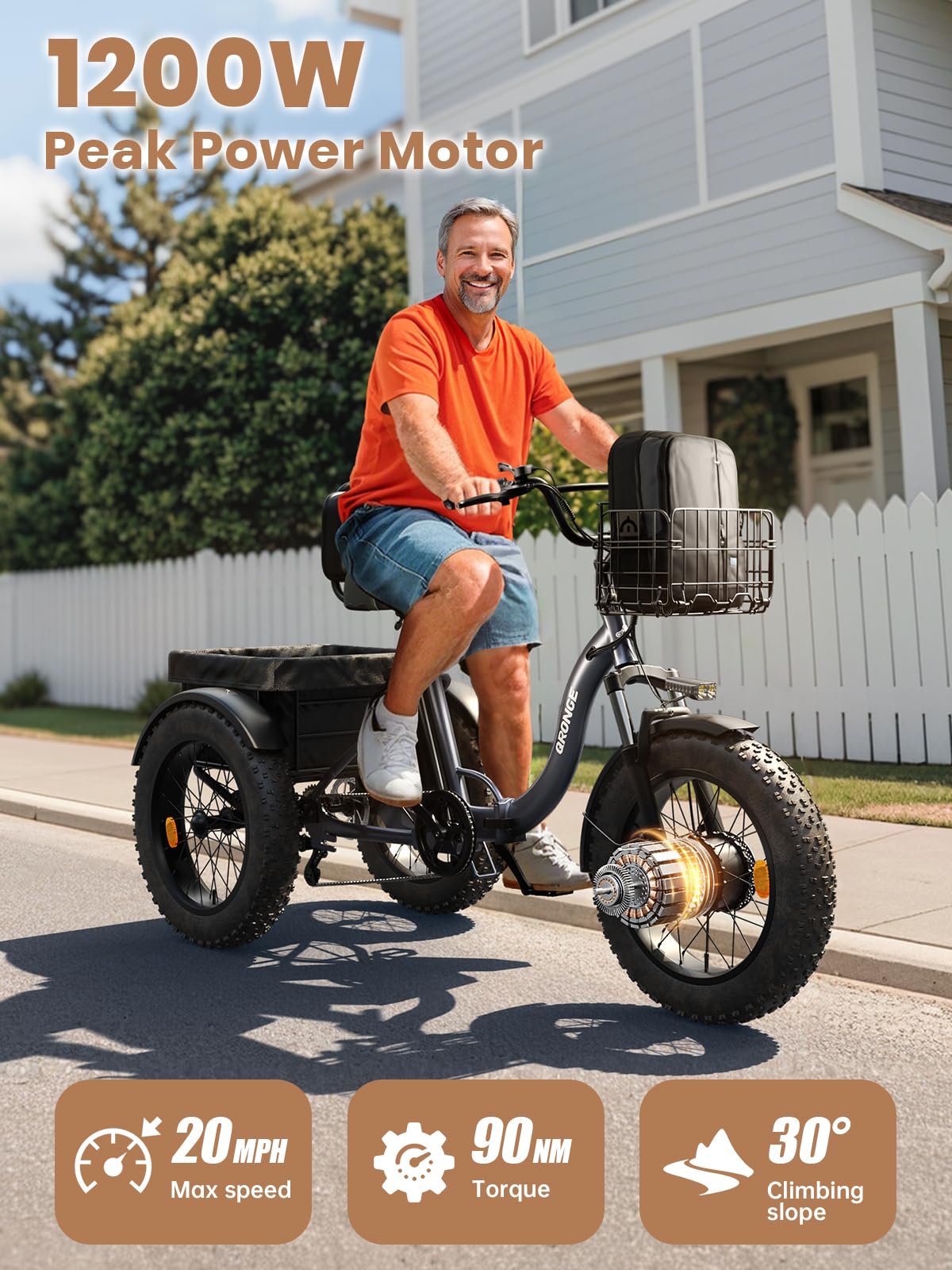 Electric Tricycle for Adults 1200W 36V 20AH Fat Tire Folding P3030