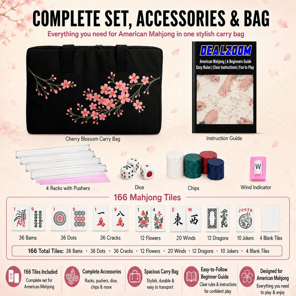 Complete American Mahjong Set with 166 Tiles, Racks, Pushers, Dice, Chips, Instructions & Bag L7324