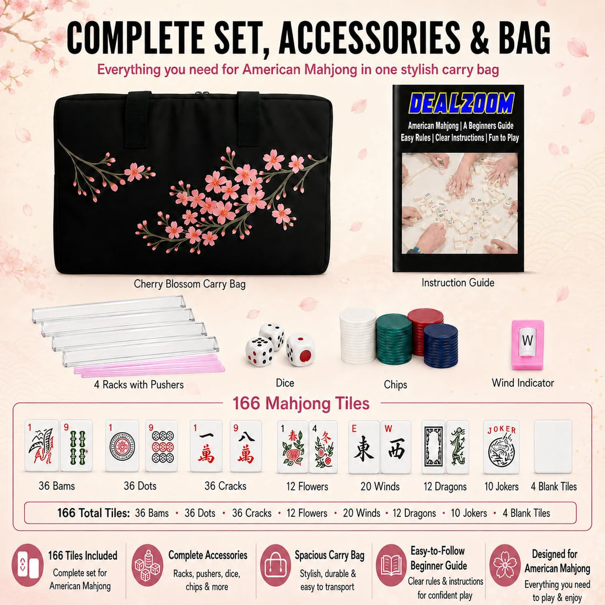 Complete American Mahjong Set with 166 Tiles, Racks, Pushers, Dice, Chips, Instructions & Bag L7324