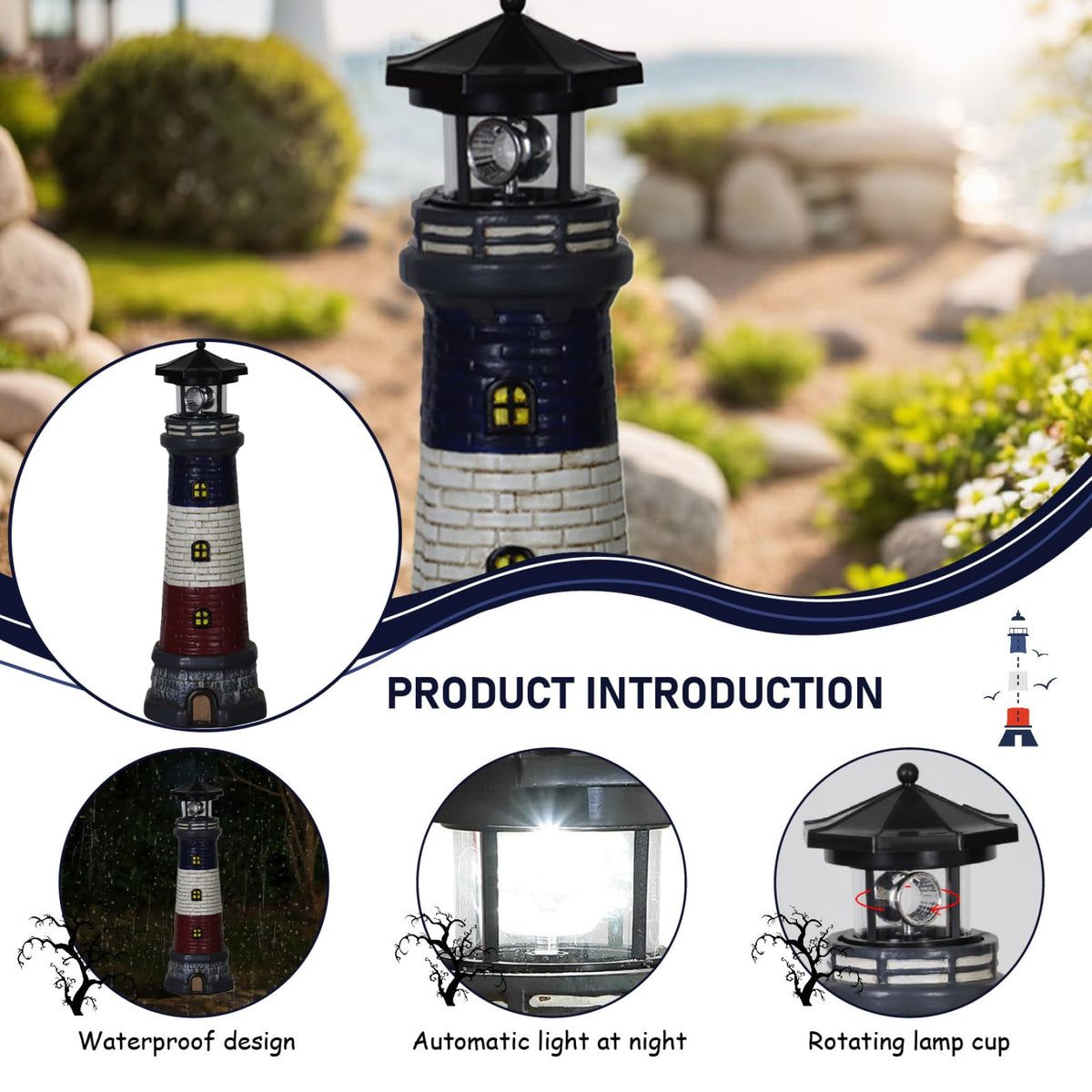 15" Tall Waterproof Resin Lighthouse Lamp with Rotating LED C39981