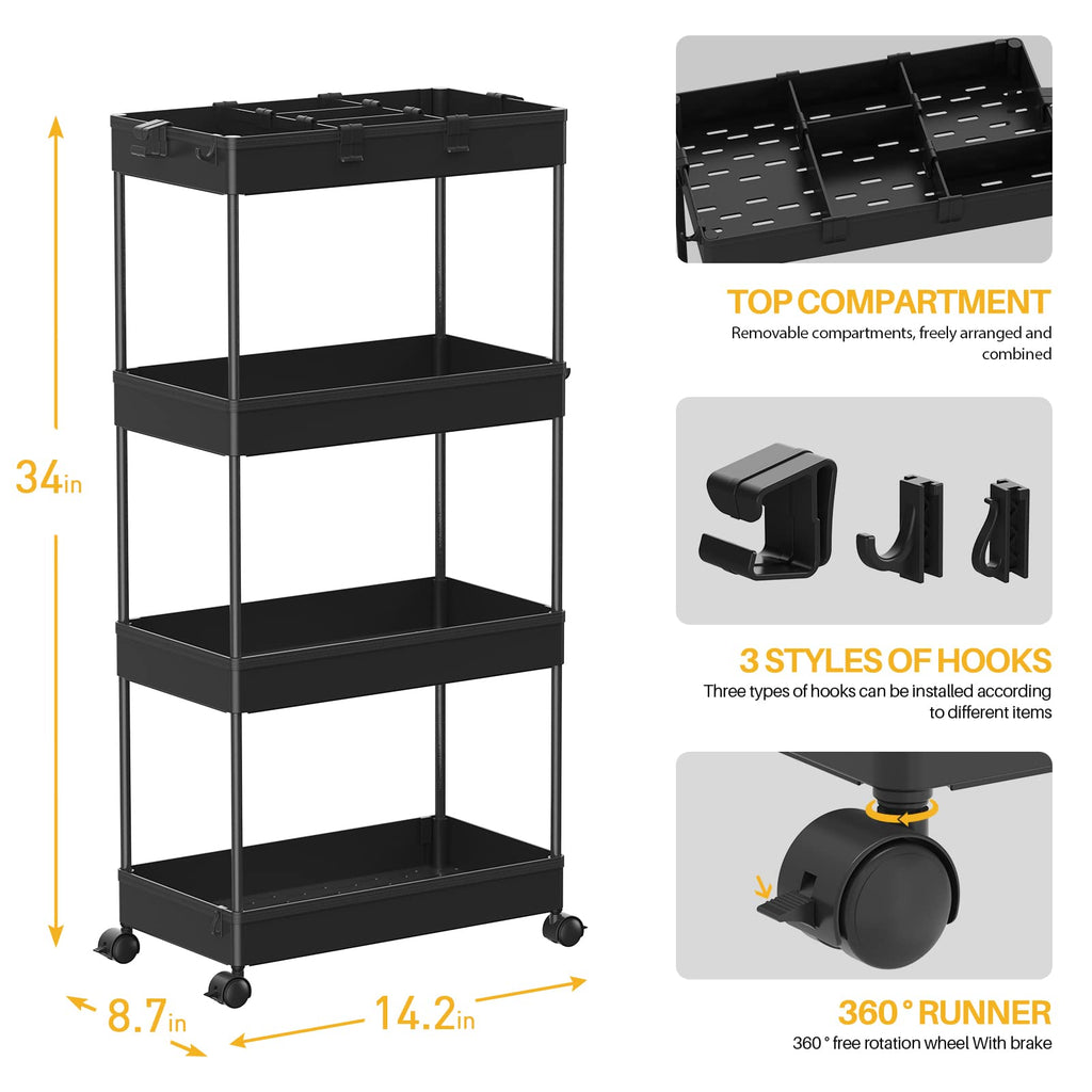 4 Tier Rolling Cart with Wheels and 3 Hanging Baskets L17920