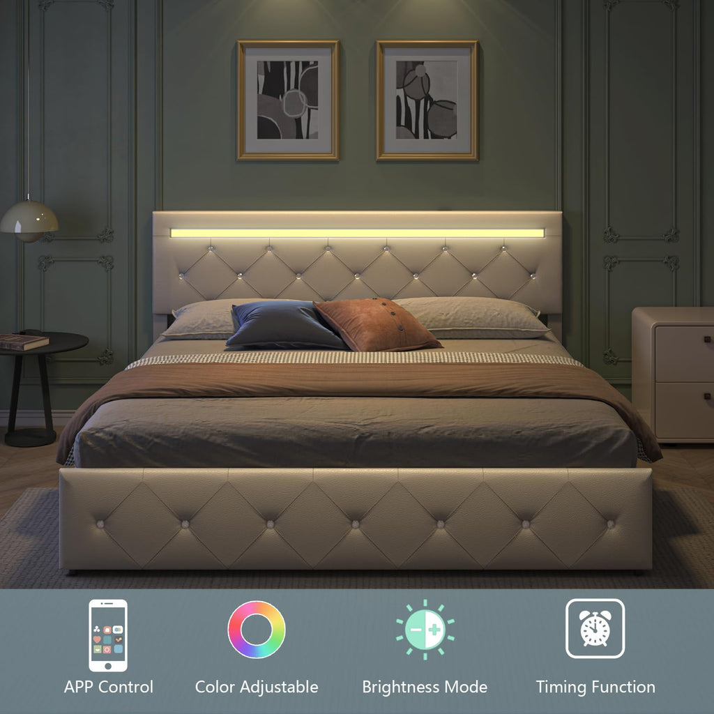 Full Size Bed Frame with LED Light and Storage Drawers L5763
