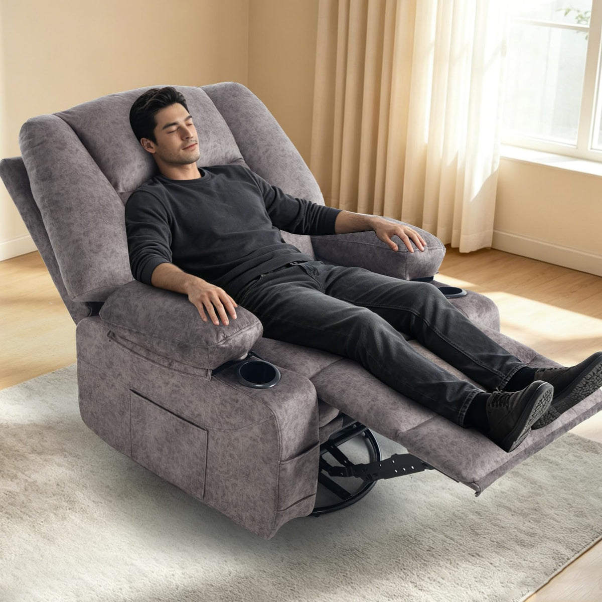 Oversized Grey Swivel Rocking Recliner Chair J180