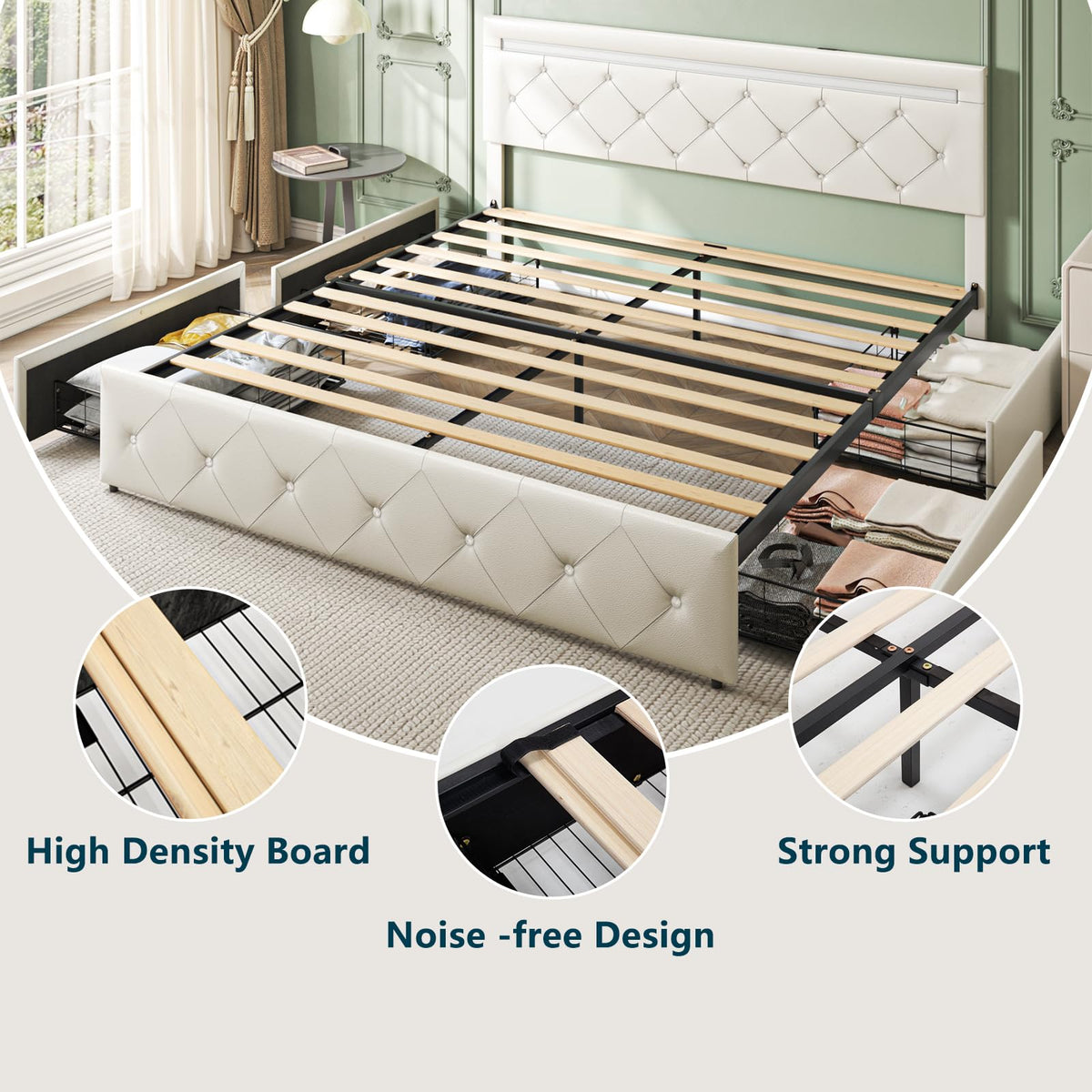 Full Size Bed Frame with LED Light and Storage Drawers L5763