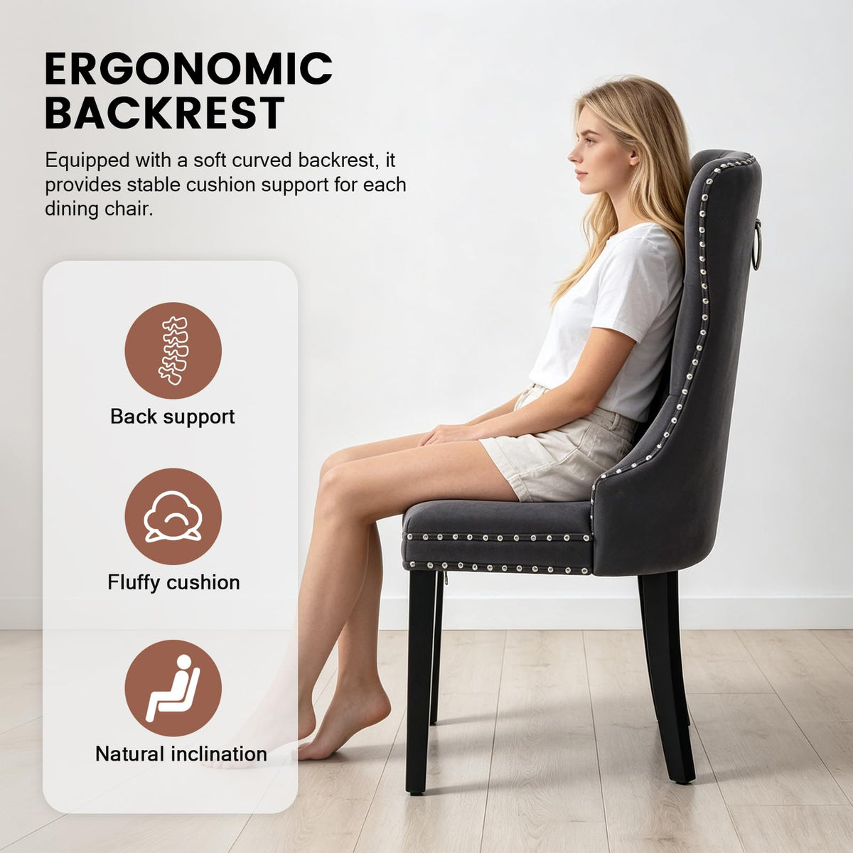 Black PU Leather Dining Chairs Set of 6 with Nailhead Trim and Solid Wood Legs J115