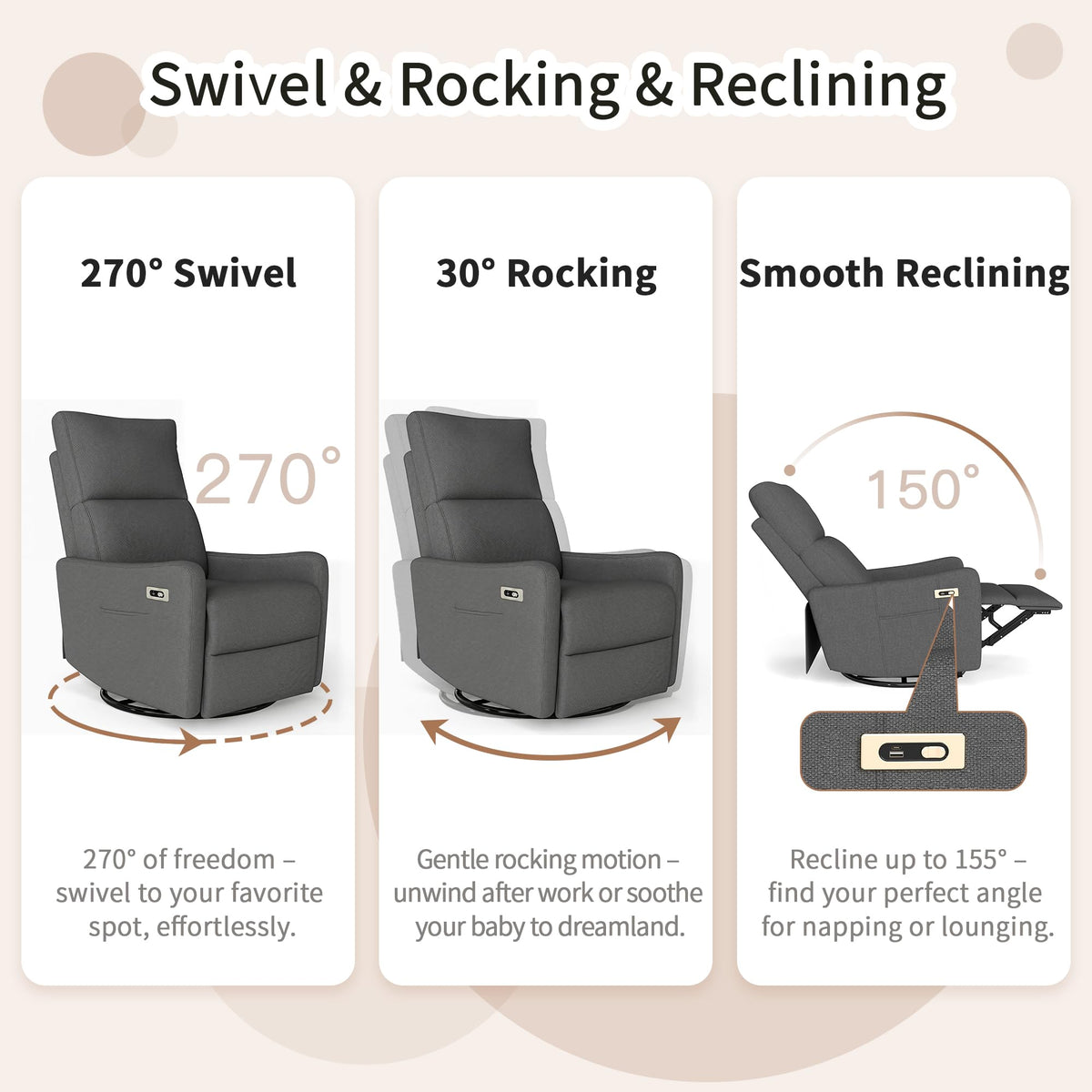 Light Brown Rubberwood Dark Gray Velvet Swivel Rocker Recliner Chair Y965