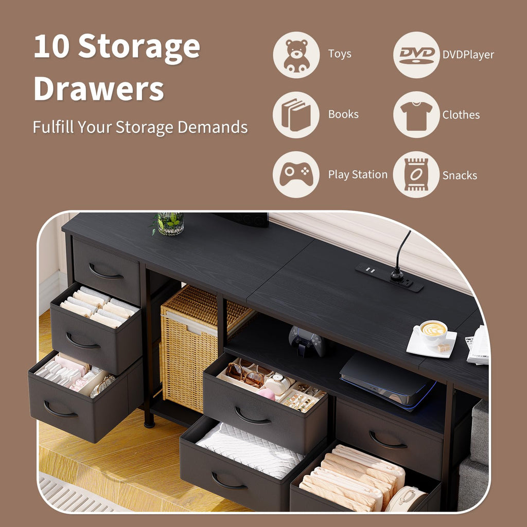 Black 10 Drawer Dresser TV Stand with Power Outlets K79602