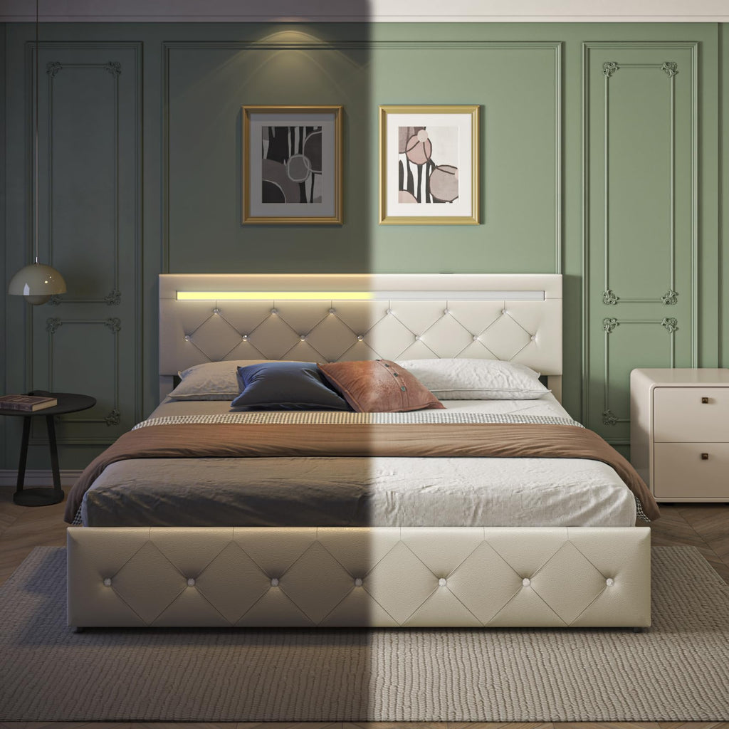 Full Size Bed Frame with LED Light and Storage Drawers L5763