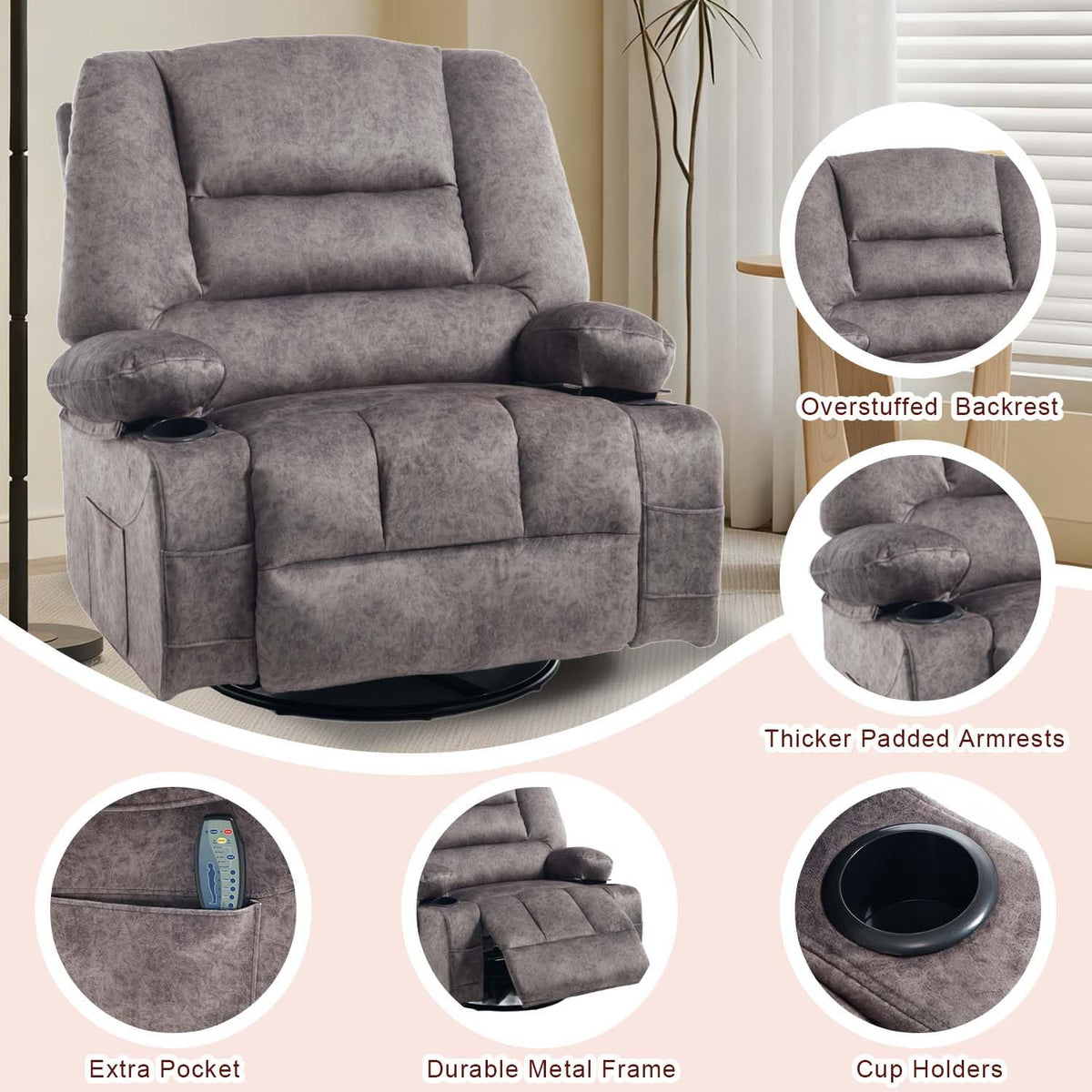 Oversized Grey Swivel Rocking Recliner Chair J180