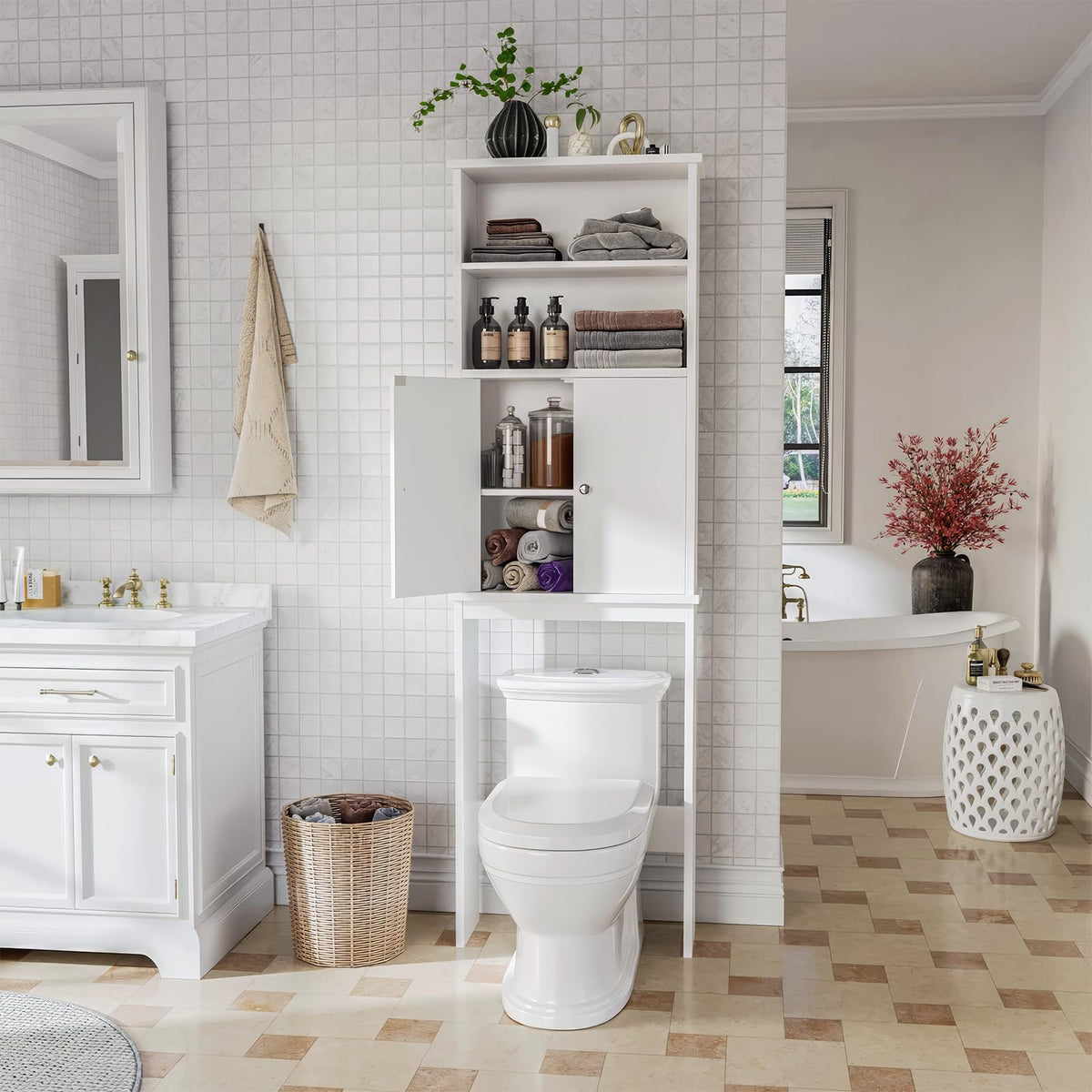 White Over the Toilet Storage Cabinet with Adjustable Shelf G595